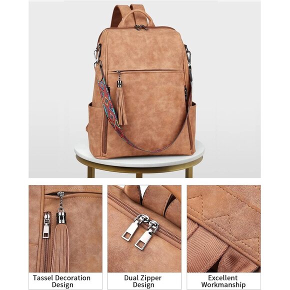 Women Camel Brown Suede Style Backpack Designer 15.6 inch PU Leather Laptop Bag - Picture 5 of 9